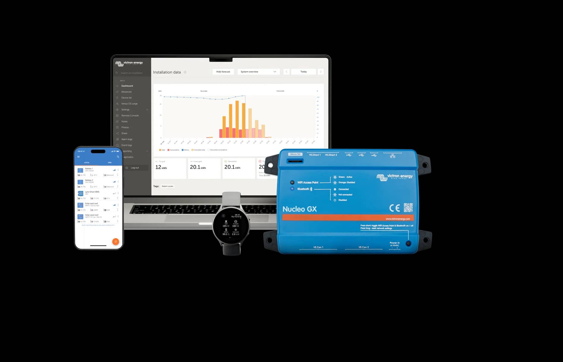 Portal VRM y aplicación VictronConnect monitorizando un sistema Nucleo GX