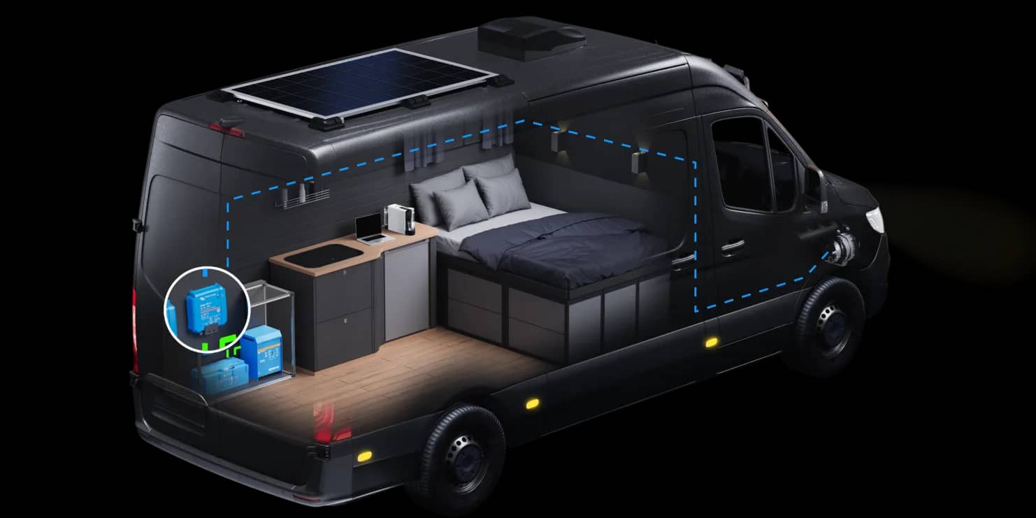 Vista en corte de una furgoneta camper que destaca la carga por alternador mediante un cargador CC-CC de Victron
