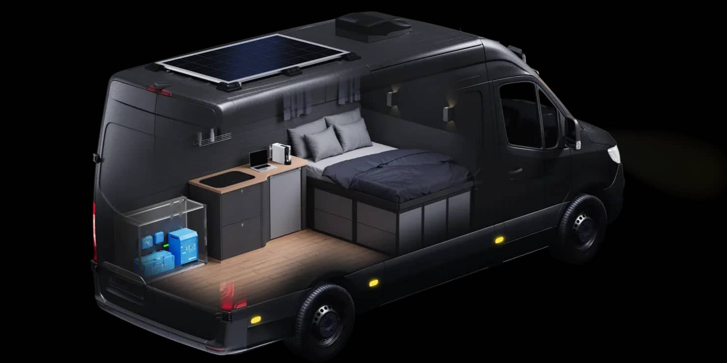 Vista en corte de una furgoneta camper que muestra su sistema de energía Victron completo